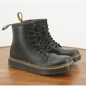 Dr. Martens Kids Black Leather Lace-Up Boots with Yellow Stitching